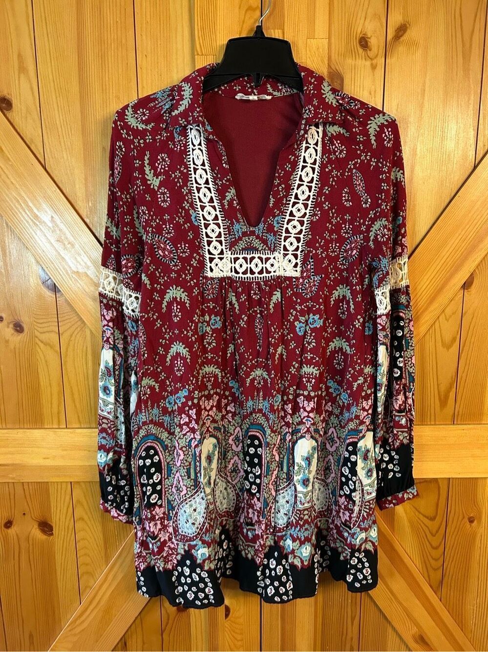 Entro Anthropologie Boho Lace Tunic Shift Dress Red Floral Women Small (0948)